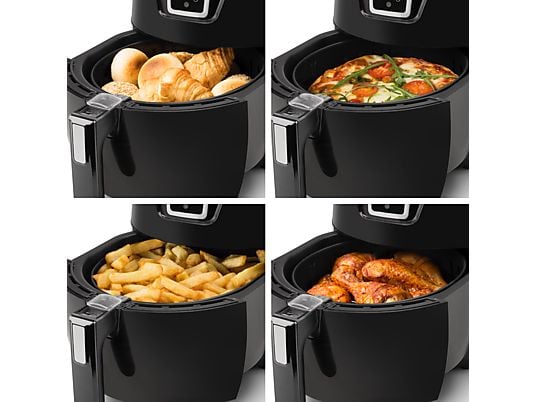 De Ninja Airfryer MAX PRO op een aanrecht, omringd door diverse bereide gerechten – gebak, gegrilde vis met groenten, geroosterd vlees en salade – wat de veelzijdigheid van de 6-in-1 kookprogramma’s (Air Fry, Max Crisp, Bakken, Roosteren, Opwarmen en Drogen) laat zien.