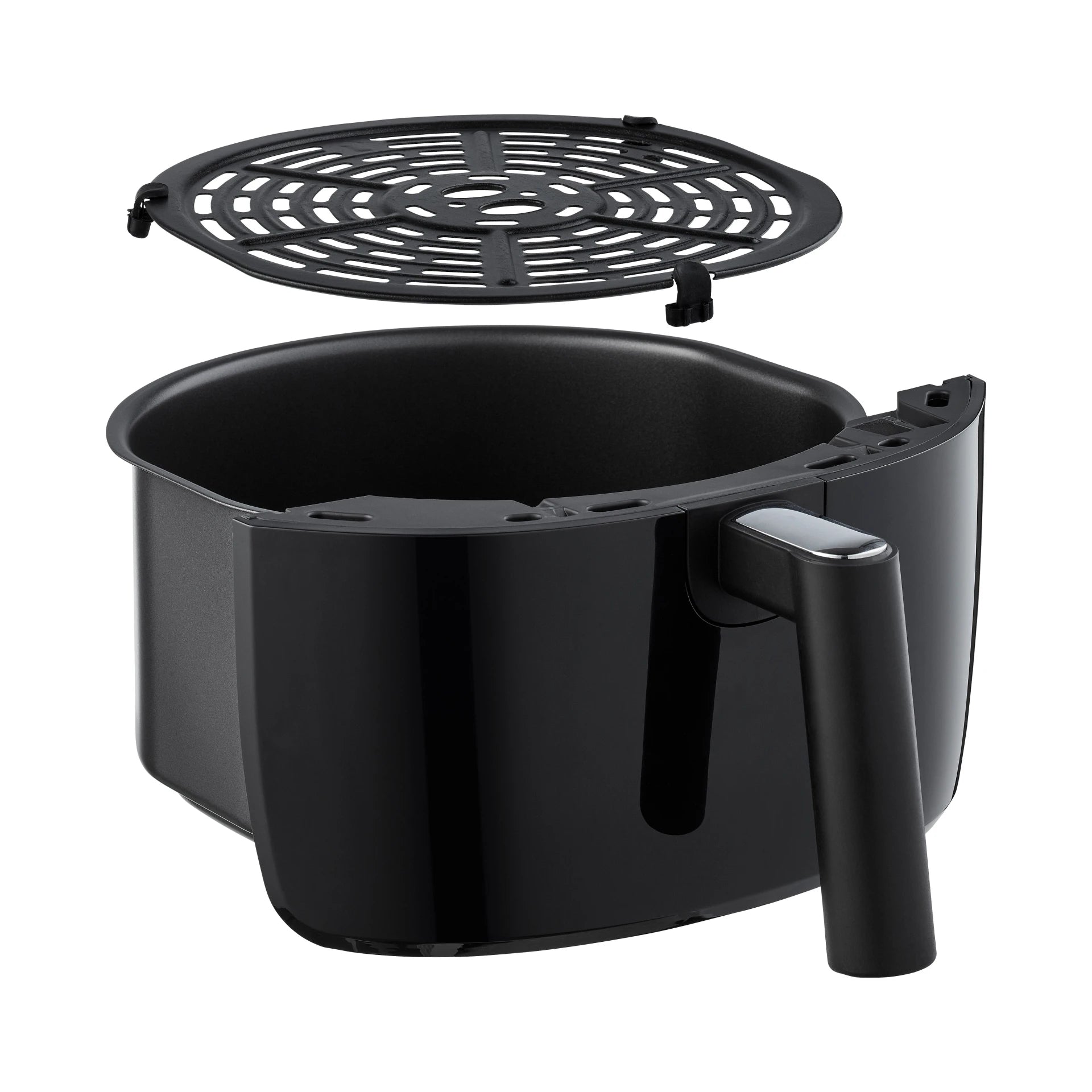De Ninja Airfryer MAX PRO op een aanrecht, omringd door diverse bereide gerechten – gebak, gegrilde vis met groenten, geroosterd vlees en salade – wat de veelzijdigheid van de 6-in-1 kookprogramma’s (Air Fry, Max Crisp, Bakken, Roosteren, Opwarmen en Drogen) laat zien.