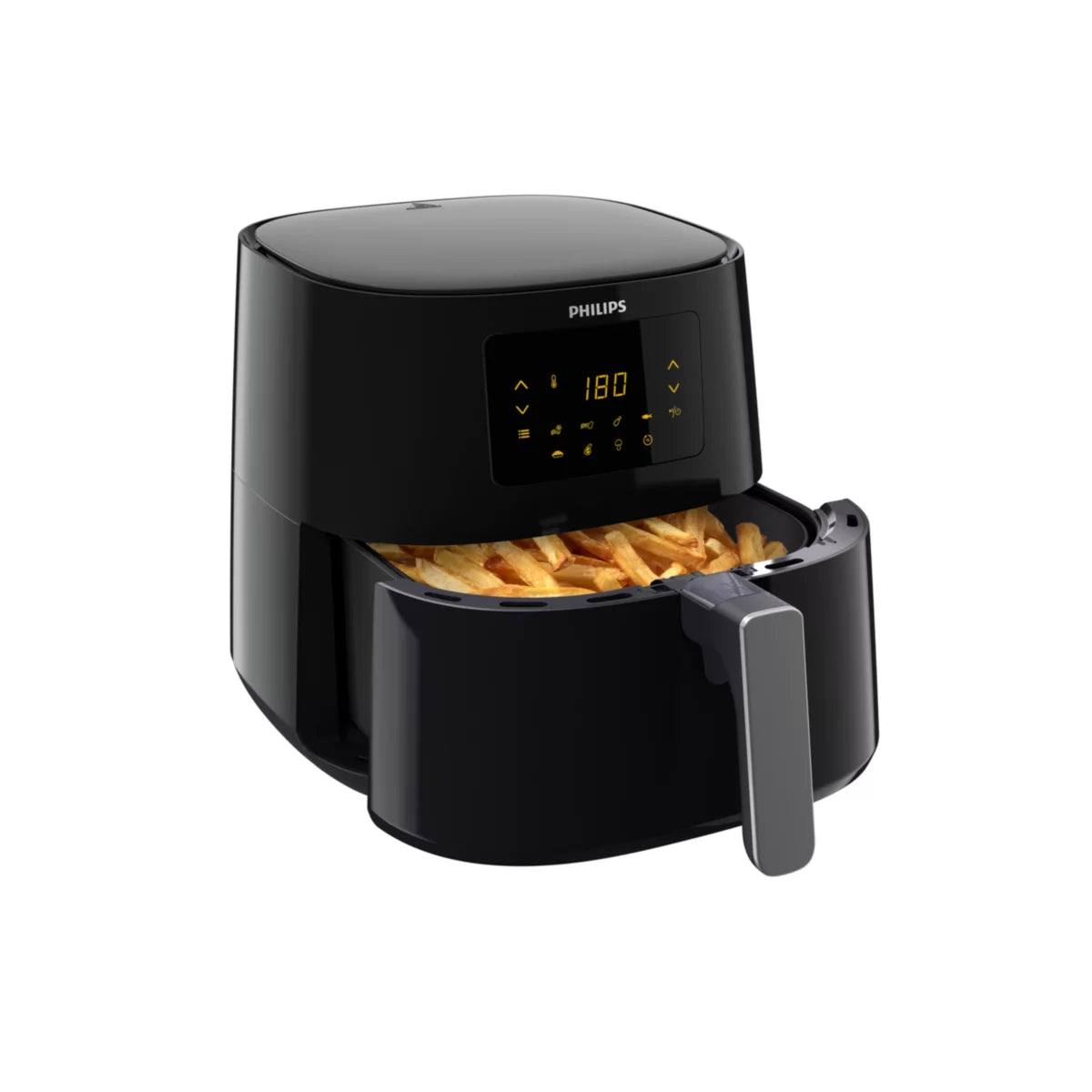 Bovenaanzicht van een open Ninja Airfryer MAX PRO met een hele geroosterde kip en aardappeltjes in de mand. Een persoon haalt de lade eruit, wat illustreert dat de 6,2 liter mand ruimte biedt aan een royale portie (bijvoorbeeld een hele kip).