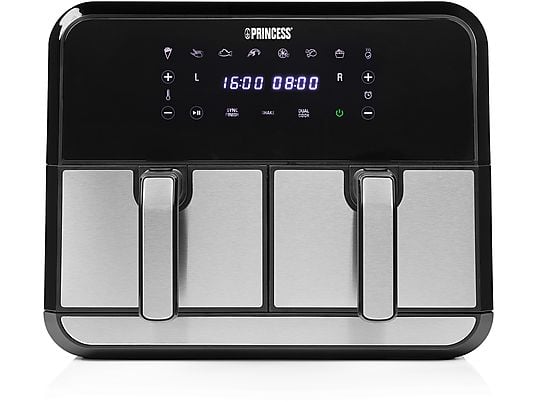 Bovenaanzicht van een open Ninja Airfryer MAX PRO met een hele geroosterde kip en aardappeltjes in de mand. Een persoon haalt de lade eruit, wat illustreert dat de 6,2 liter mand ruimte biedt aan een royale portie (bijvoorbeeld een hele kip).